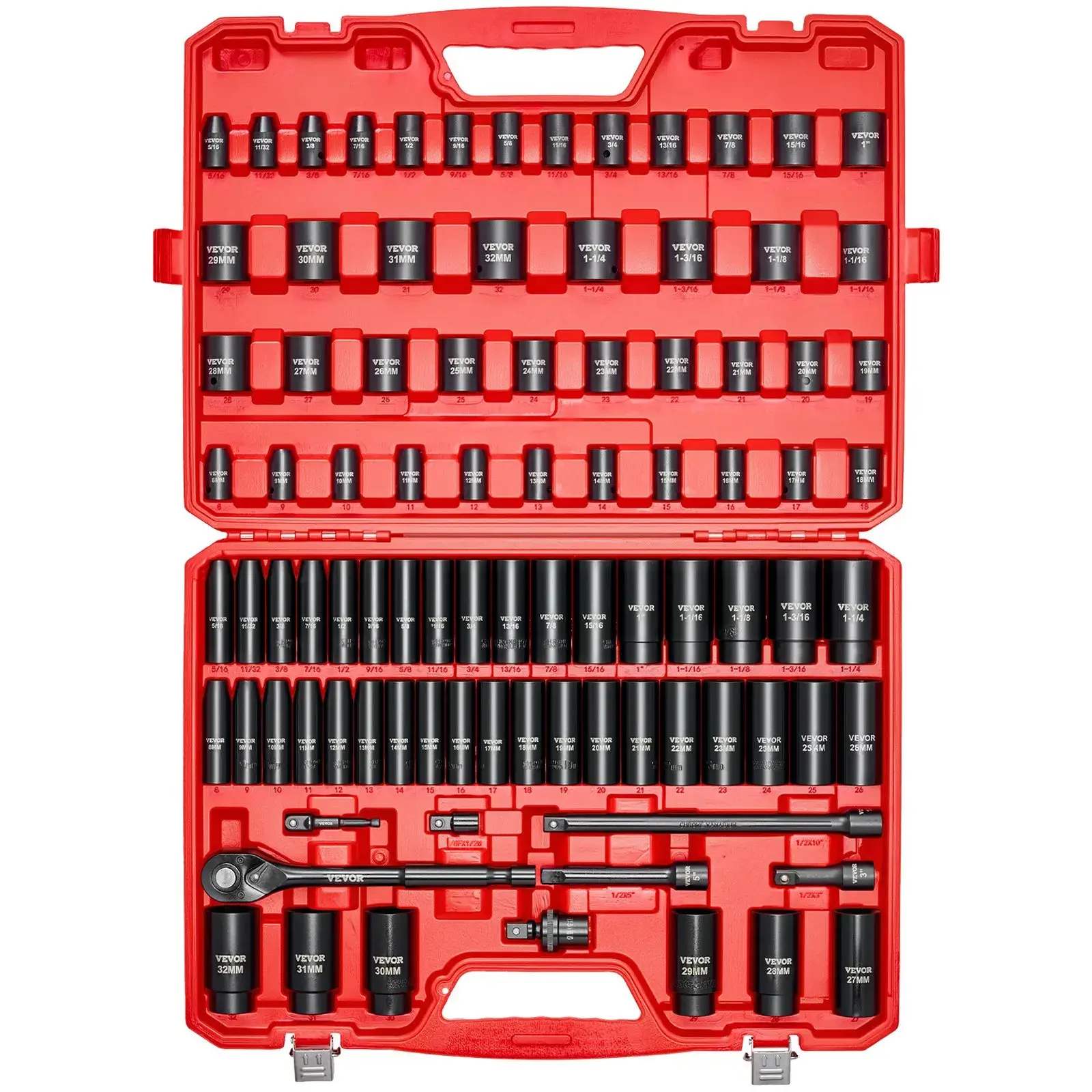 【Summerfinds】VEVOR 1/2 in Drive Impact Socket Set,91 Piece6 Point Deep & Shallow Impact SocketsSAE (5/16 to 1-1/4 in) and Metric (8 to 32 mm) Sizes with Extension Bars (3510 in)Cr-V SteelCarrying Case 