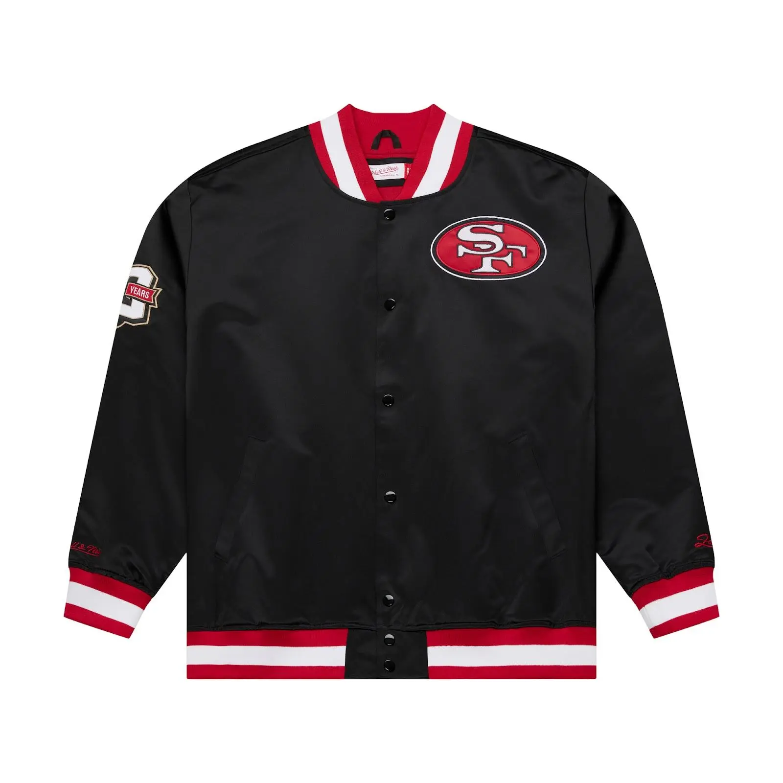 San Francisco 49ers Black 80th Anniversary Heavyweight Satin Full-Snap Jacket NFL Throwback Outerwear Vintage Fan Gear Mitchell & Ness