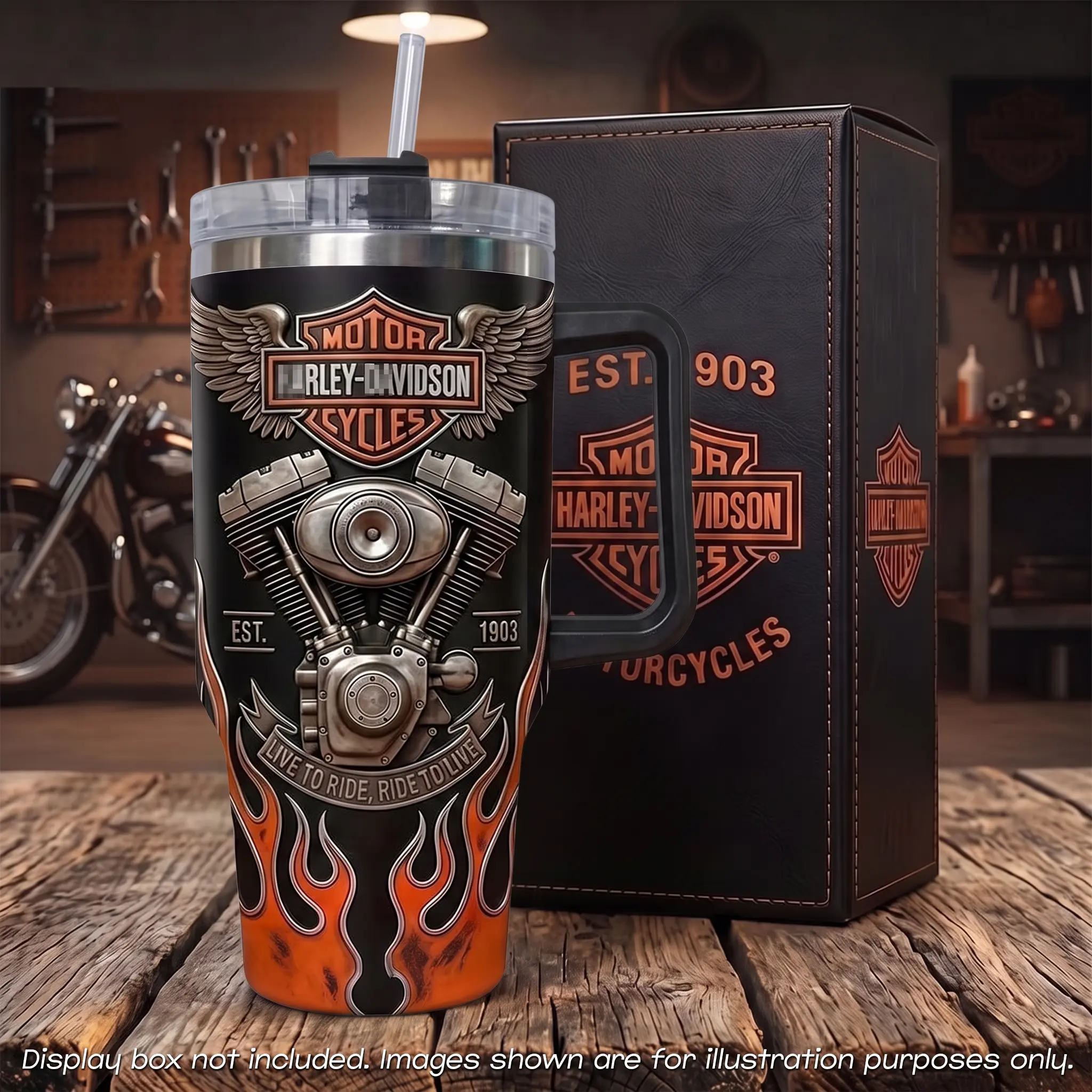 Harley Motor 40 oz Tumbler, HD Motor Cycles Cup, Live To Ride Ride To Live Mug, EST. 1903 Heritage Gift, Vacuum Insulated Stainless Steel Large Bottle, Twin Engine Fire Flame Graphic, Biker Adventure Flask, Thermal Coffee Ice Drinks Straw Handle