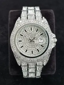 Silver Color Rhinestone Wristwatch, Hip Hop Style Automatic Date Display, Trendy Fashion Party Accessory, Unisex Luxury Timepiece