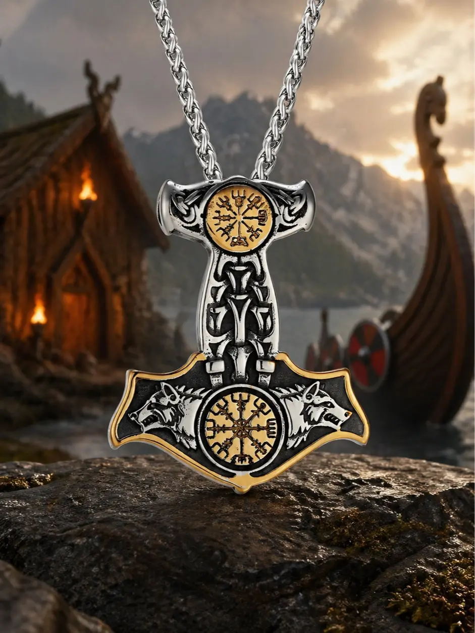 Men's Viking Warrior Fantasy Armor Necklace - Mjolnir, Rune Symbols, Wolf Head Designs, 5cm Stainless Steel Chain & Link, Rust-Resistant Unisex Mythology Collectible, Casual Daily Wear Gift