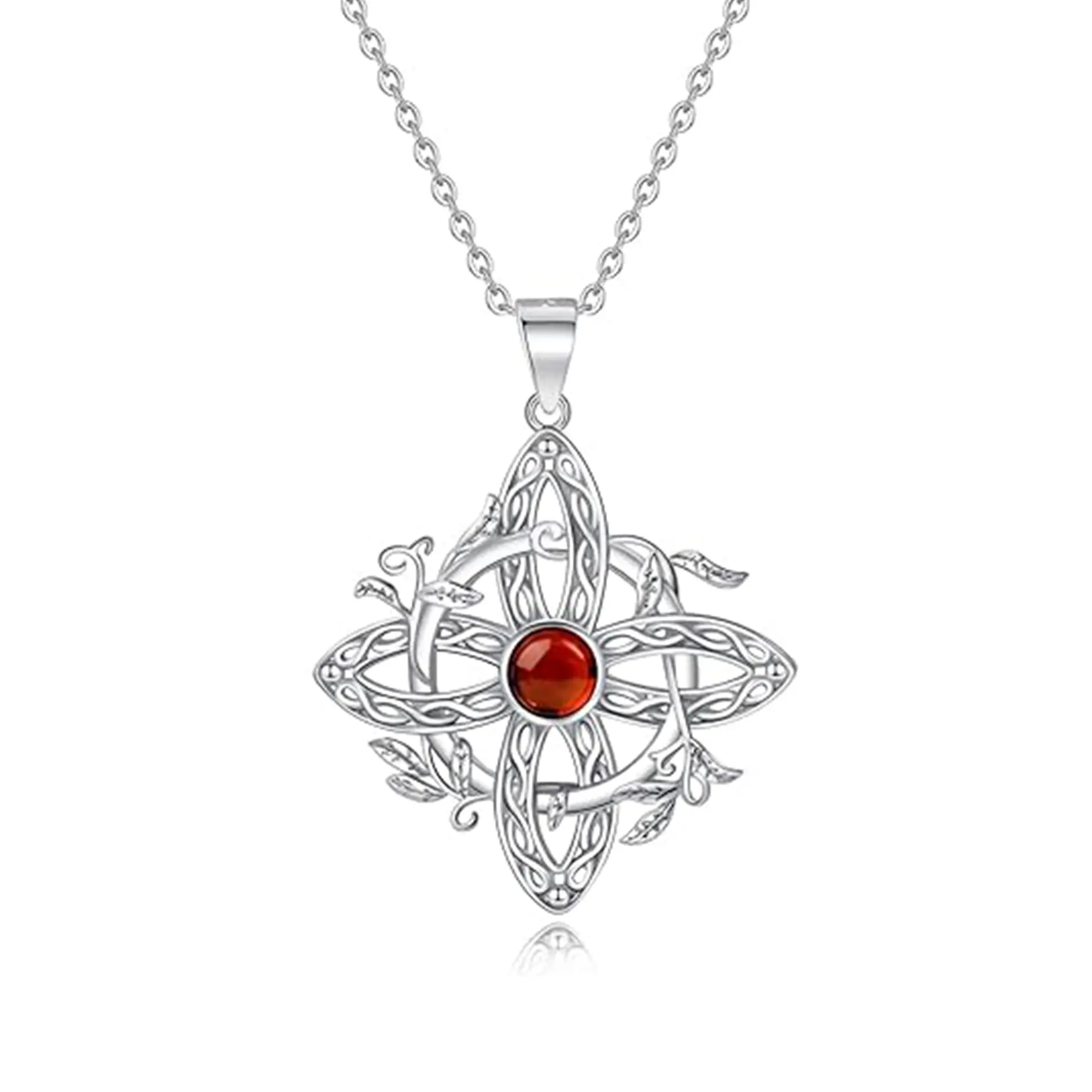 925 Sterling Silver Red Cubic Zirconia Zircona Celtic Knot Witches Necklace Elegant Pendant Jewelry Gift for Anniversary & Festivals christmas