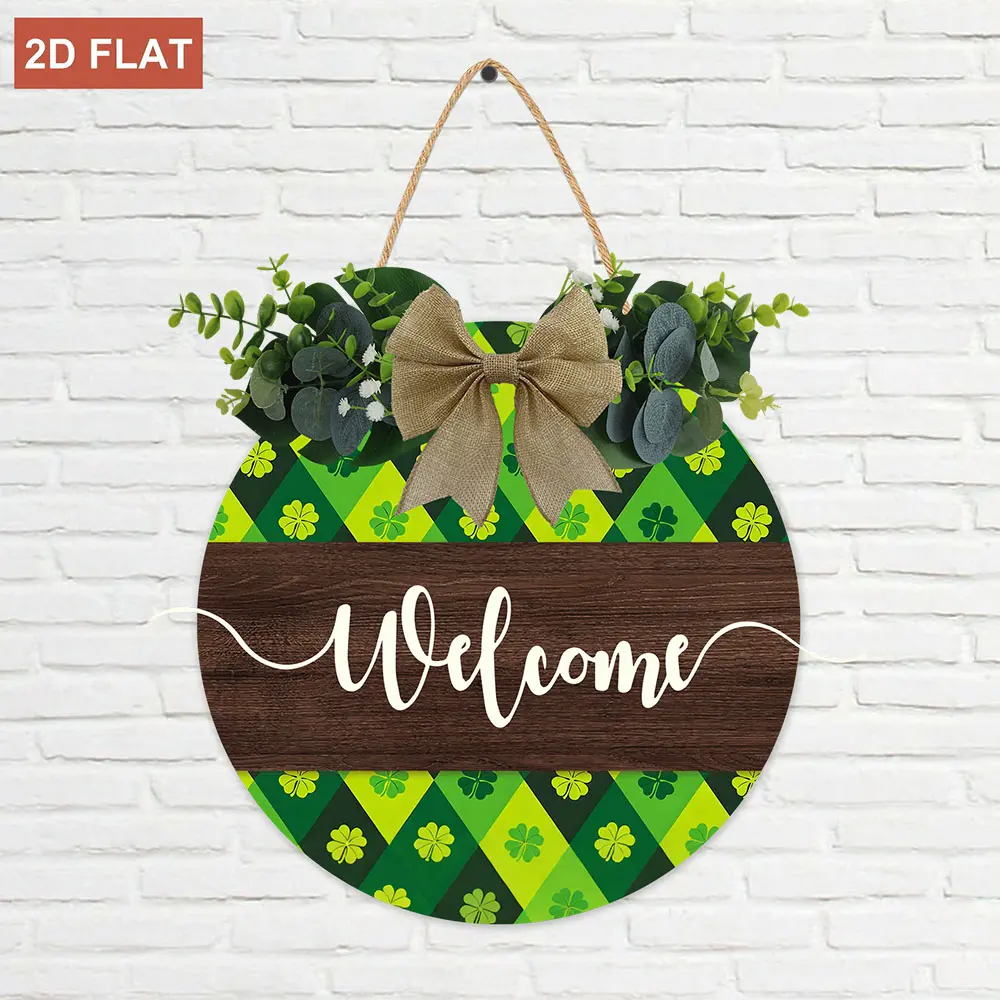 St. Patrick's Day Decorations 12 inch Round Wooden Shamrock Door Wreath for Front Door Welcome Sign, Farmhouse St. Patrick's Decor Hanging Sign Outdoor Indoor Shamrock Clover Spring Wall Home Decor