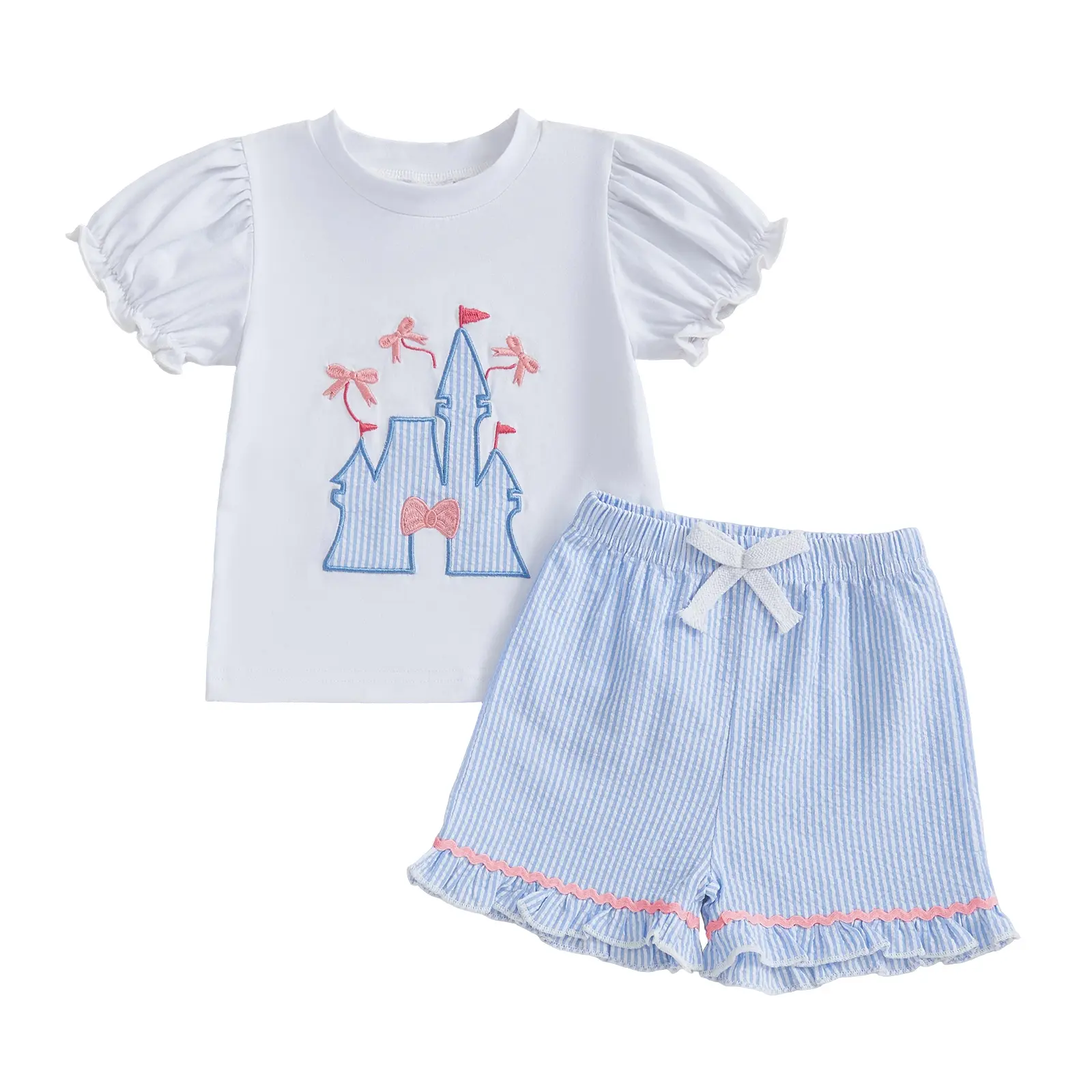 PYBCVRRD Baby Girls Clothing Summer Gift Set, Bow Embroidery Short-Sleeve T-Shirt, Striped Shorts 2-Piece Outfits for 6M-6Y Toddlers