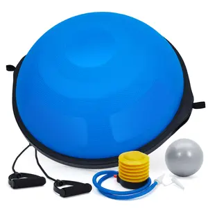 25 Inch Balance Ball Trainer Anti-Slip Base Half Yoga Exercise Ball With Resistance Bands & Foot Pump Inflatable Stability Fitness Ball Core Strength Training Home Gym Workout Equipment Full Body Physical Therapy Sport Gear Blue