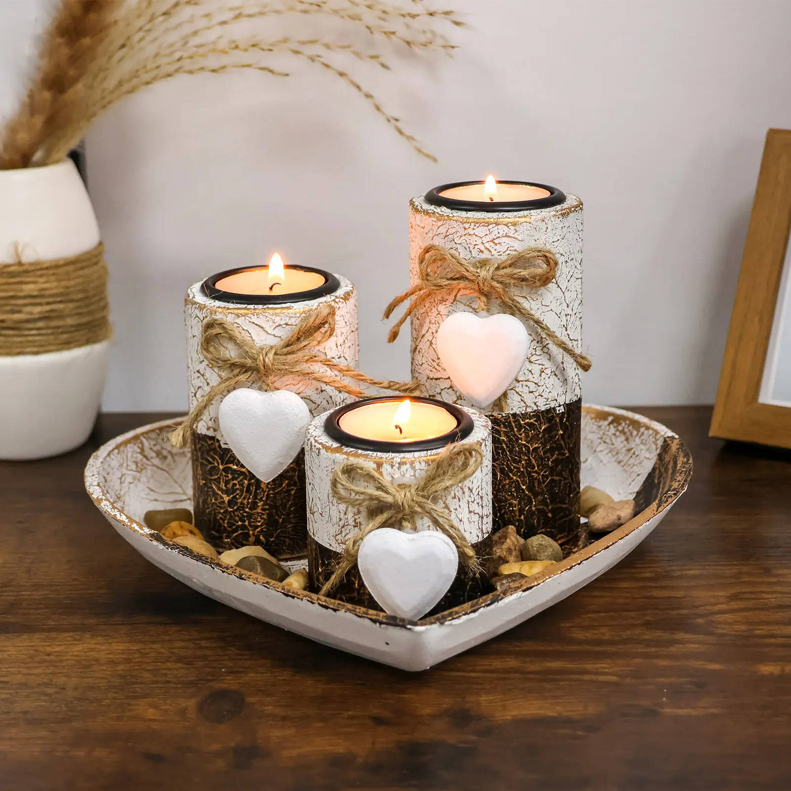 4pcs Wooden Candlestick Set - Heart-Shaped Candle Holder with Tea Light Stand, Rope Bow Decoration, Decorative Stones & Heart Tray Bowl, Table Decor for Halloween, Home Supplies Gift