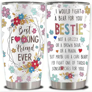 20oz "Best Friend Ever" Watercolor Floral Tumbler, Double Wall Vacuum Insulated Travel Mug with Inspirational Friendship Quote and Colorful Flower Design, Spill Proof Lid and Straw, Perfect Gift for Best Friends, Ideal for Christmas, Thanksgiving
