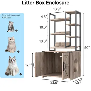 Cat Litter Box Enclosure with Feeding Station, Tall Cat Litter Box Furniture Hidden with 4-Tier Storage Shelves, Farmhouse Cat LitterBox Cabinet with Barn Door for Living Room, Bedroom, Gray