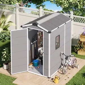 4x6 FT Gray Weather-Resistant Heavy Duty Metal Shed, Outdoor Garden Storage Shed with Lockable Double Doors, Built-In Floor & Sloped Roof for Backyard, Patio & Lawn
