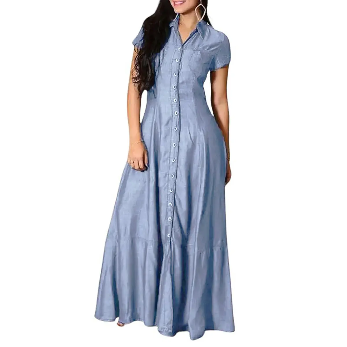 utcoco Women's Cute A Line Denim Maxi Shirt Dress, Casual Short Sleeve Button Down with Ruffled Hem for Beach Party, Shortsleeve, Basic, Casual Wear, Soft, Elegant, Minimalist, Cocktail, Denim Dresses, Baggy, Garment, Maxi Dress For Women