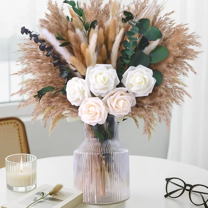 120PCS Boho Decorative Pampas Grass Completed Bouquet Set - Artificial Roses, Bunny Tails, Eucalyptus, 17" Neutral Floral Dried Flower Arrangement for Vase Table Centerpiece, Living Room Natural Look Decor