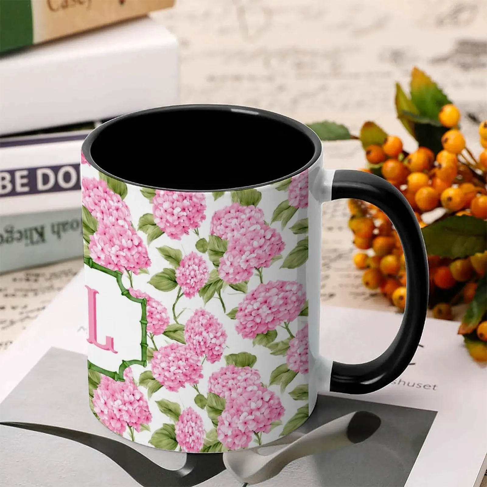 Personalized Hydrangea Monogram Mug, Custom Initial Coffee Mug, Pink Floral Mug, Hydrangea Flower Cup, Monogrammed Gift for Her