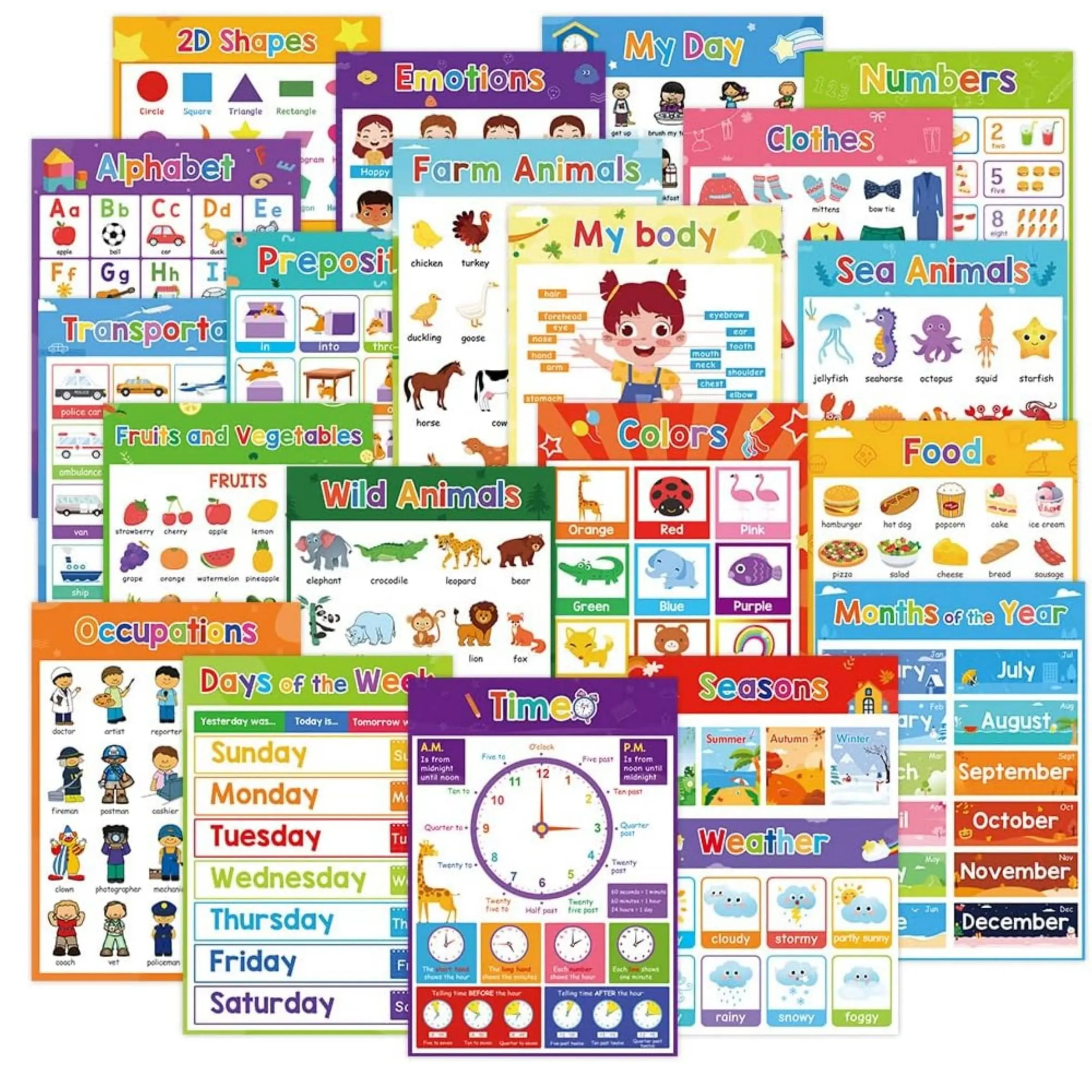 English Word Study Picture Poster, Alphabet Learning Chart, 20 Sheets/set Animals Fruits Food Bodies Themes Teaching Aids, Learning Materials, Classroom Supplies Charts, Classroom Decorations, School Supplies