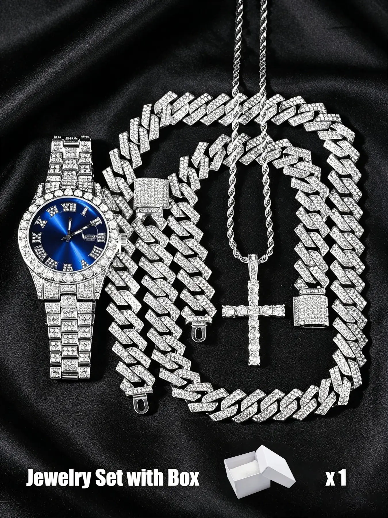 Luxury Punk Style Watch Set, Fashion Jewelry Set, Includes Necklace, Bracelet, Cross Pendant, Quartz Movement, Adjustable Strap, Unisex, All Seasons Wear, Fashionable Jewelry Set, Trendy Jewelry Set, Accessory Set