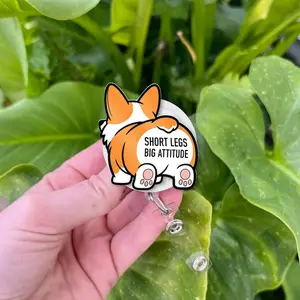 Corgi Butt Badge Reel | Funny Dog ID Holder with Quote “Short Legs Big Attitude” | Retractable Name Tag Clip for Nurses & Dog Lovers