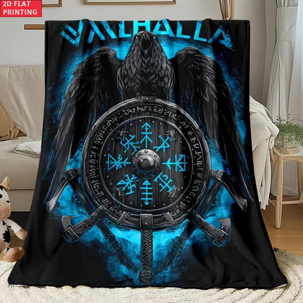 Viking Blanket, Norse Mythology Throw Blanket with Raven Shield and Axe Design, Valhalla Warrior Fleece Blanket for Couch Sofa Bed, Nordic Viking Home Decor, Dark Fantasy Blanket Gift for Men, Warriors and History Fans