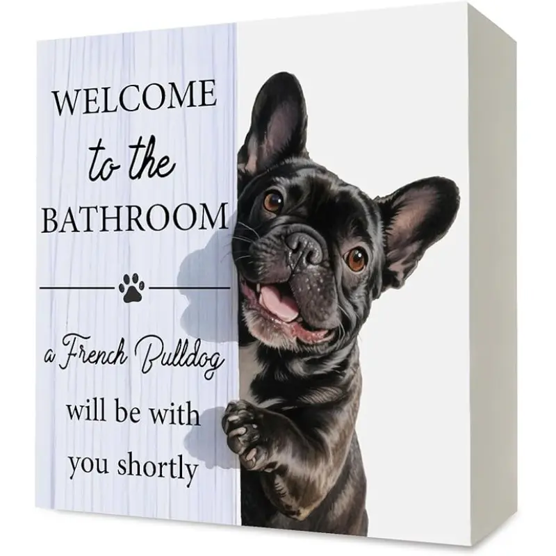 French Bulldog Bathroom Decor, Funny frenchie gifts Wooden Box Sign Desk Decor, Welcome to the Bathroom a Dog Will Be with Wood Block Signs for Washroom Shelf Decorations, Restroom Sign, Signage, 5x5 Inch