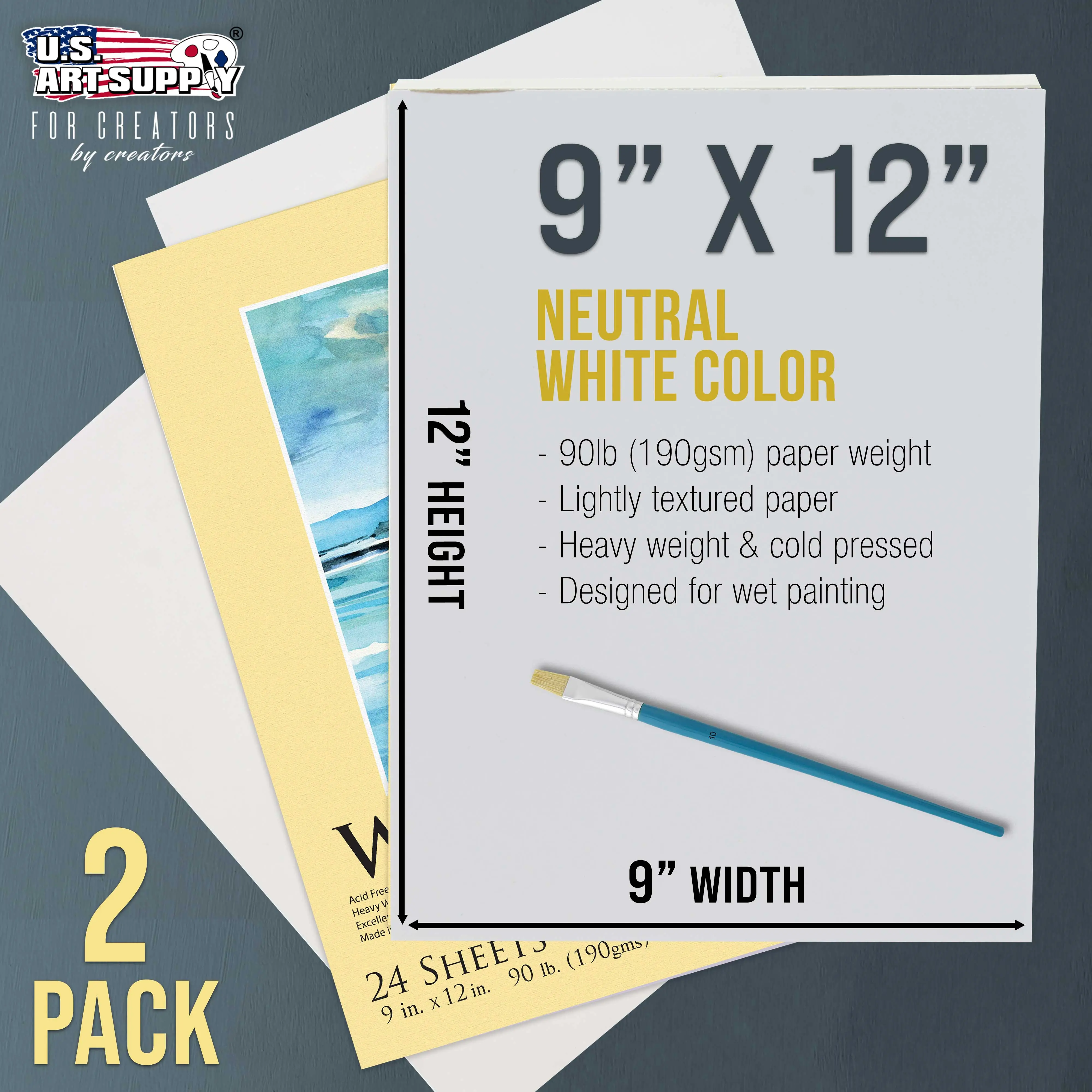 9" x 12" Premium Heavyweight Watercolor Paper Pad, Pack of 2 (24 Sheets Each), 140lb (300gsm) - Spiral Bound, Cold Pressed, Acid-Free, Wet, Water Color Paper - For Artists, Students