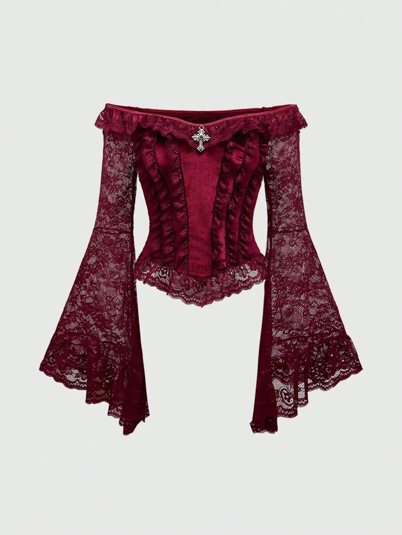 VYNCE Velvet Top Gothic Retro Splice Lace Flare Sleeve Off Shoulder Women's Vintage Style Evening Wear Renaissance Vibes Streetwear Shirt