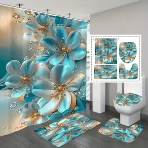 1/4pcs Stylish Gothic Angel Pattern Bathroom Decor Set, including shower curtain, toilet seat cover, rectangular bathroom mat, and U-shaped mat. Perfect for bathroom décor, beautifying the space. Comes with 12 shower curtain hooks.