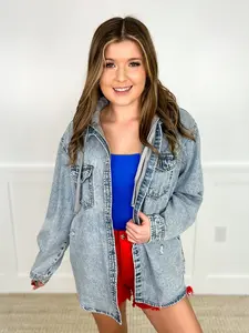 Risen Jade Distressed Cotton Long Sleeve Acid Wash Denim Hoodie Jacket