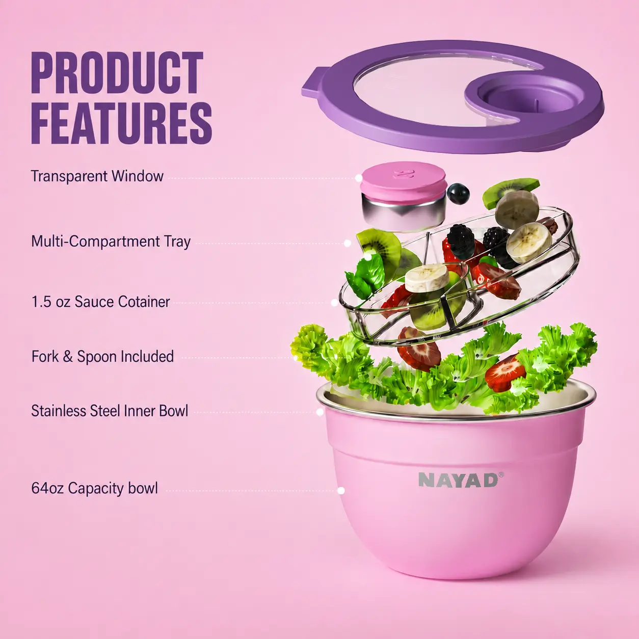64 oz Stainless Steel Salad Bowl Kit with Leakproof Lid, Removable Multi-Compartment Topping Tray, 1.5 oz Stainless Steel Dressing Container,  Silicone-Cased Utensil Case (Stainless Steel Spoon & Fork) for Meal Prep, Work, School & Travel