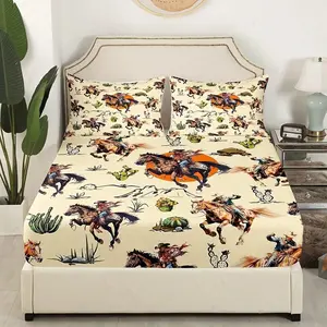 Three piece Western Cowboy Horse Pattern Bed Sheet Set (including 1 bed sheet and 2 pillowcases, no core), soft and breathable, suitable for home bedrooms and guest rooms, essential for the new school season, suitable for all seasons.