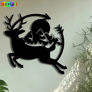 1pc Running Deer with Mountain & Moon Metal Wall Art, Silhouette Deer Statue Mural, Intricate Craftsmanship, Perfect for Christmas, Housewarming Decor, Perfect for Living Room Garden Fence Cabin Decor, Ideal Gift for Wildlife Enthusiasts.