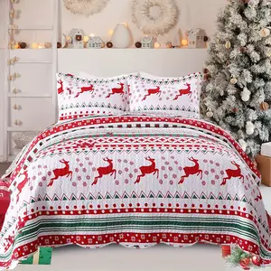 Christmas Quilt Set 2/3 Pieces Snowflake Design Bedspread Throw Blanket for Cozy Holiday Decor Queen/King/Twin Sizes