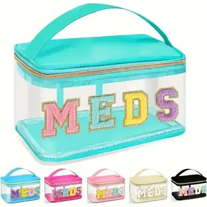 1PCS-Transparent Waterproof PVC Cosmetic portable Bag with Plush Chenille "MEDS" Letters - Portable Large Capacity Travel Storage Bag with Zipper Closure, Easy to Clean - Medicine Bag for Women, Nurses and Patients, Toiletry Travel Bag Makeup Bag Set