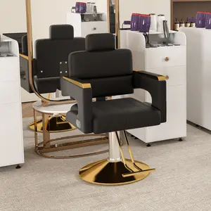 Barber Chairs for Barbershop, Styling Salon Chairs for Hair Stylist, 360° Swivel Hairstylist Chair & Reclining Salon Chair with Stainless Armrests for Home, Adjustable backrest, PVC (Black & Gold)