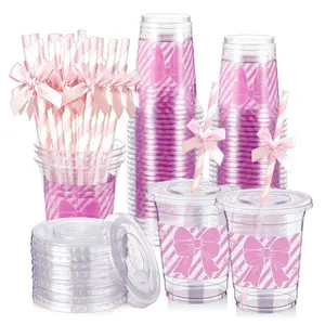 20/50 Pieces Bow Plastic Party Cups with Lids and Straws, Reusable Fashionable Disposable Drinkware for Birthdays and Celebrations