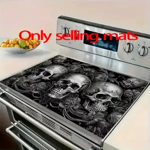 Ghostly Skull and Floral Pattern Rubber Stove Protector, Heat Resistant, Non-Slip, Water Absorbent, Easy Clean, Oven Pad, Refrigerator Pad, Kitchenware