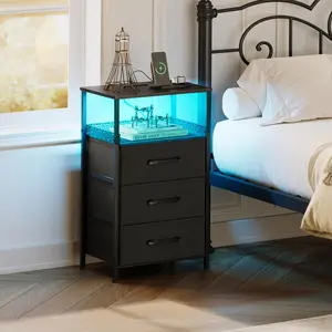 Bedside table with charging station, 3-drawer nightstand with LED ambient lighting, side table featuring USB ports and power outlets, open shelving, 3 fabric storage drawers with PU coating, bedroom nightstand, black two-piece set