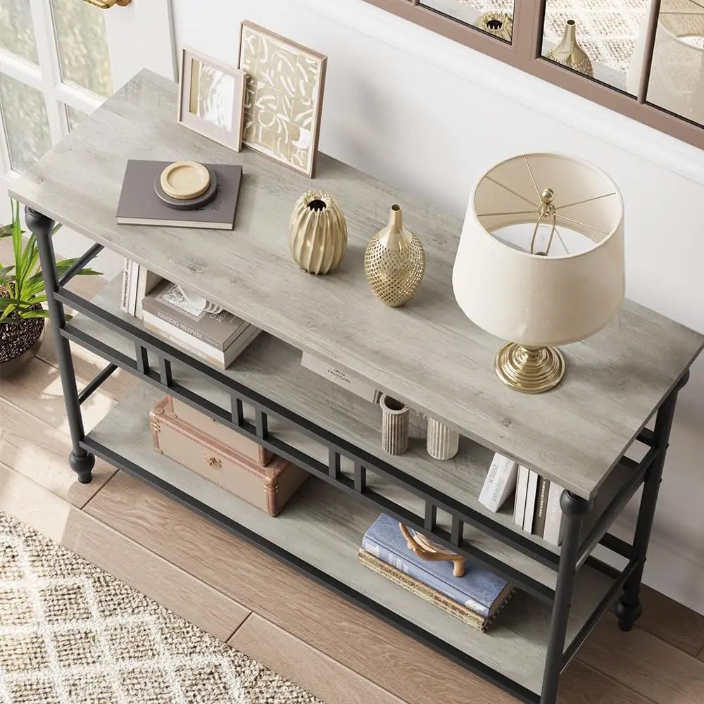 43-Inch Industrial Narrow 3-Tier MDF Wood Console Table with Metal Legs, Built-In Storage, Quick Setup, Gray Indoor Entryway Hallway Furniture, Narrow End Table, Built-In Storage End Tables