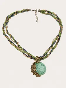Boho Peacock Pendant Necklace for Women, Multi-Strand Beaded Choker with Stone Look Charm, Vintage Festival Jewelry