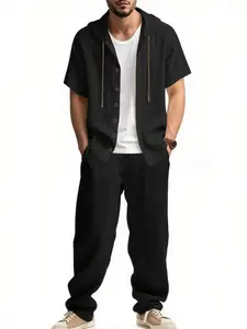 Men's Solid Color Linen Set Hooded Short Sleeve Jacket & Loose Wide Leg Pants, Casual Breathable Clothes Outfit for Daily Wear & Vacation