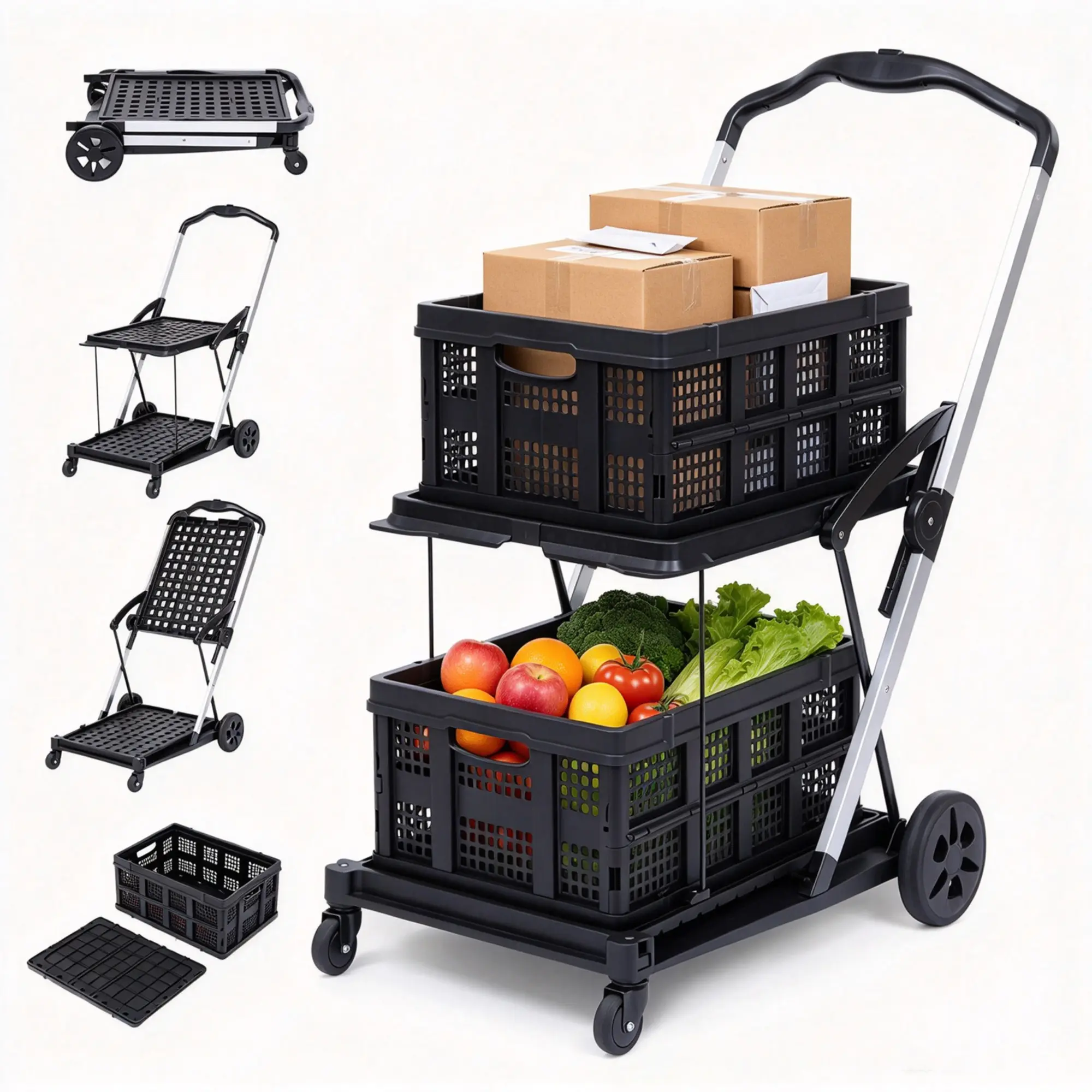 Garvee Heavy Duty Folding Utility Trolley - Dual-Layer PP Plastic Storage Cart with Brake Wheels, Collapsible Multipurpose Portable Heavy Hauler for Home Users