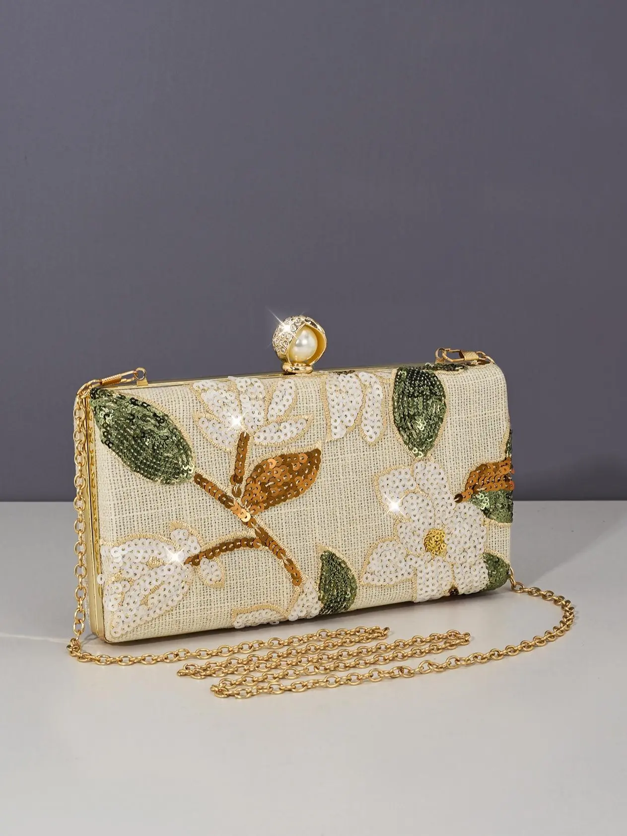 Women Vintage Floral Sequin Embroidered Linen Evening Shoulder Crossbody Clutch Bag, Rectangular Hardcase Formal Handbag with Pearl Rhinestone Frame Clasp, Detachable Gold Chain Strap, Elegant Purse for Bridal Wedding, Prom, Banquet & Night Occasions