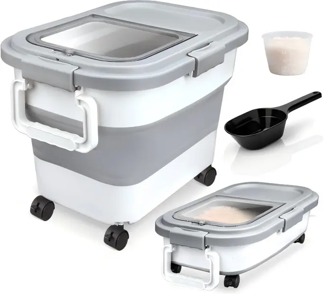 30 lbs Collapsible Airtight Food Storage Box - Plastic Kitchen Storage Container with Lid, Pantry Organizer, Airtight Reusable Container with Wheels & Handle for Rice, Flour, Pet Food
