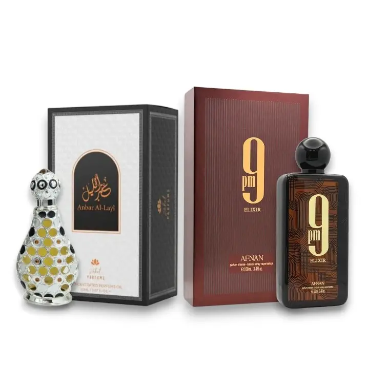 Oudlash Bundle | Afnan 9 PM Elixir Eau de Parfum + Zakat Anbar Al Layl Perfume Oil | Unisex Fragrance | Citrus Musk Amber - Nutmeg & Bergamot Notes