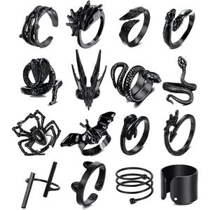 FLORIDECO 16Pcs Unisex Stainless Steel Adjustable Chunky Vintage Punk Knuckle Rings - Open Black Animal Motif Rings (Frog, Bat, Spider, Dragon Wing, Rose, Snake) for Retro Gothic Daily Wear, Knuckle Ring