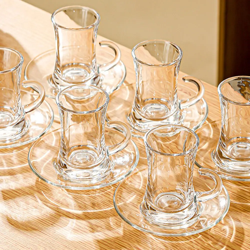 Turkish Tea Glass Cup Set, Transparent Slim Waist Design, Stylish, with Thick Base Prevent Tea From Getting Cold, Easy to Keep for 6 People, 6 Saucers, 6 Glasses, Useful Set, Everyday Drinking Glasses Set, Tea Cups And Saucers