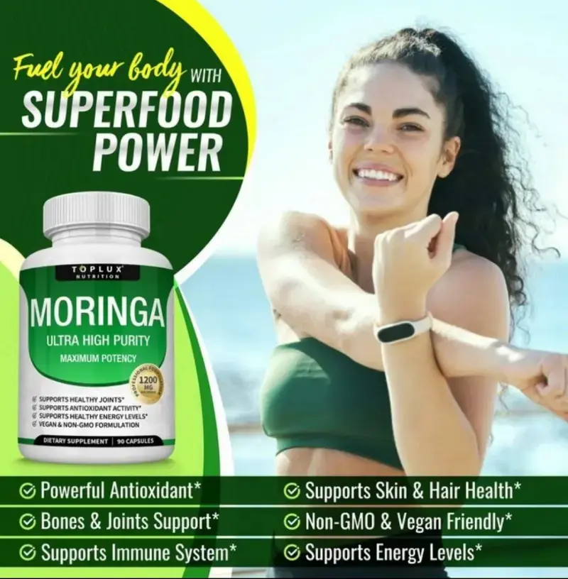 Toplux,2 pack/ Moringa Dietary supplement Capsules 1200mg - Moringa Capsules - Pure Moringa Powder for Immune, Gut health Support the immune system 90 Capsules Natural Green Superfood, Vegan health food Healthcare Edible