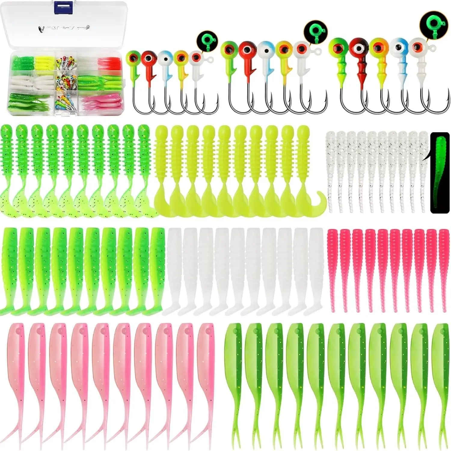 Crappie Lures with Jig Heads Kit, Soft Plastic Grubs-Tube Baits 1/8oz 1/16oz 1/32oz Crappie Jigs Walleye Trout Bass Crappie Baits 95-120pcs Yifanyou Sports