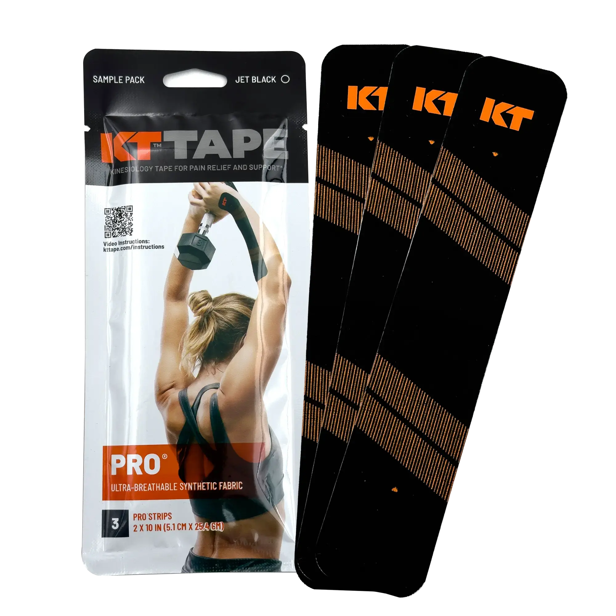 KT Tape Pro® - Jet Black 3 Strip Sample Pack for Pain Relief & Support - 100% Synthetic, Hypoallergenic, Latex-Free, Quick Start Guide Included