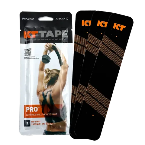 KT Tape Pro® Kinesiology Athletic Tape - Jet Black 3-Strip Sample Pack for Gym Workout Pain Relief & Support, Selfcare Stretch Fit, 100% Synthetic, Hypoallergenic, Latex-Free, Quick Start Guide Included