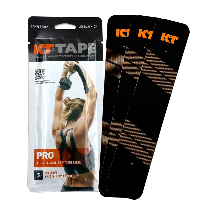 KT Tape Pro® Kinesiology Athletic Tape - Jet Black 3-Strip Sample Pack for Gym Workout Pain Relief & Support, Selfcare Stretch Fit, 100% Synthetic, Hypoallergenic, Latex-Free, Quick Start Guide Included