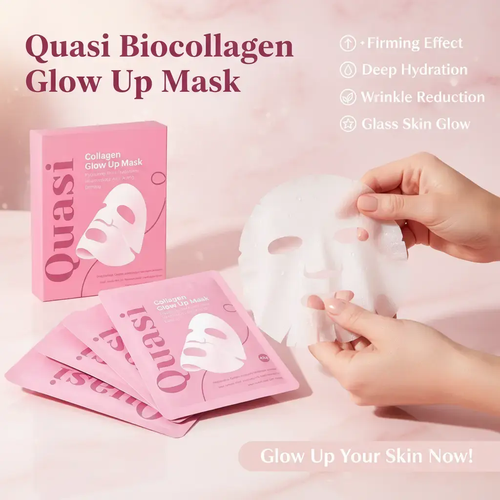 Quasi Collagen Sheet Mask 2.0, Bio‑Collagen Glow Facial Mask for Deep Moisturizing & Skin Plumping, Glass Skin Radiant Face Mask, Hydrating Beauty Skin Care, 2 Boxes Total 8 Pcs Hydrate Moisturize