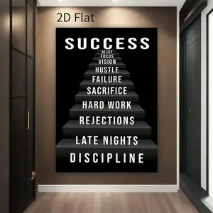 [Hanging Art]2D Flat, 1pc Vertical Staircase to Success Framed Wall Art - Modern Wood Frame Motivational Ladder of Achievement Painting, Ink Canvas for Home Office Decor, Inspirational Gift Suitable for Living Room, Bedroom, Study Room Decor